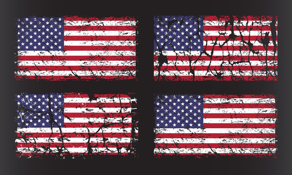 USA American grunge flag set, isolated on black background, vector illustration.