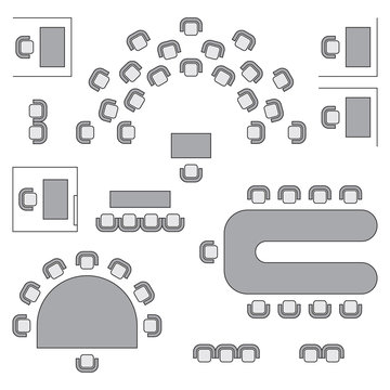 Business, education and government furniture symbols used in architecture plans icons set, top view, graphic design elements, grey isolated on white background, vector illustration.