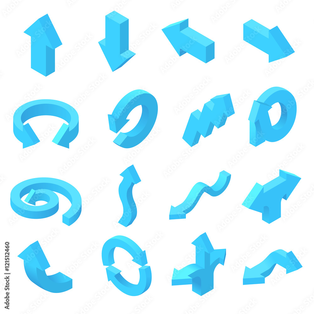 Poster arrows icons set in isometric 3d style. blue pointers set collection vector illustration