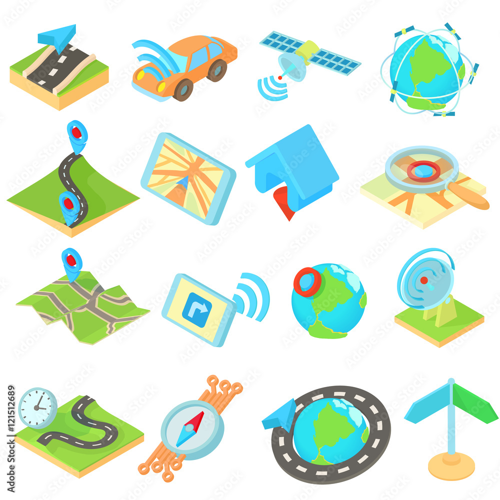 Poster navigation icons set in isometric 3d style style. location on terrain set collection vector illustra