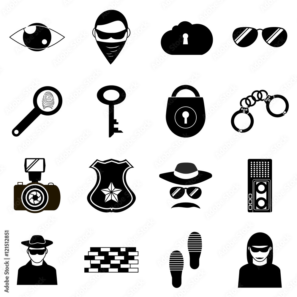 Poster spy icons set in simple style. detective and security eelements set collection vector illustration