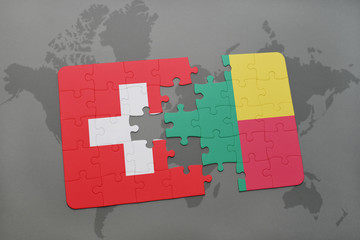 puzzle with the national flag of switzerland and benin on a world map background. 3D illustration