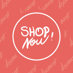 shop now hand written illustration in white and red color backdr