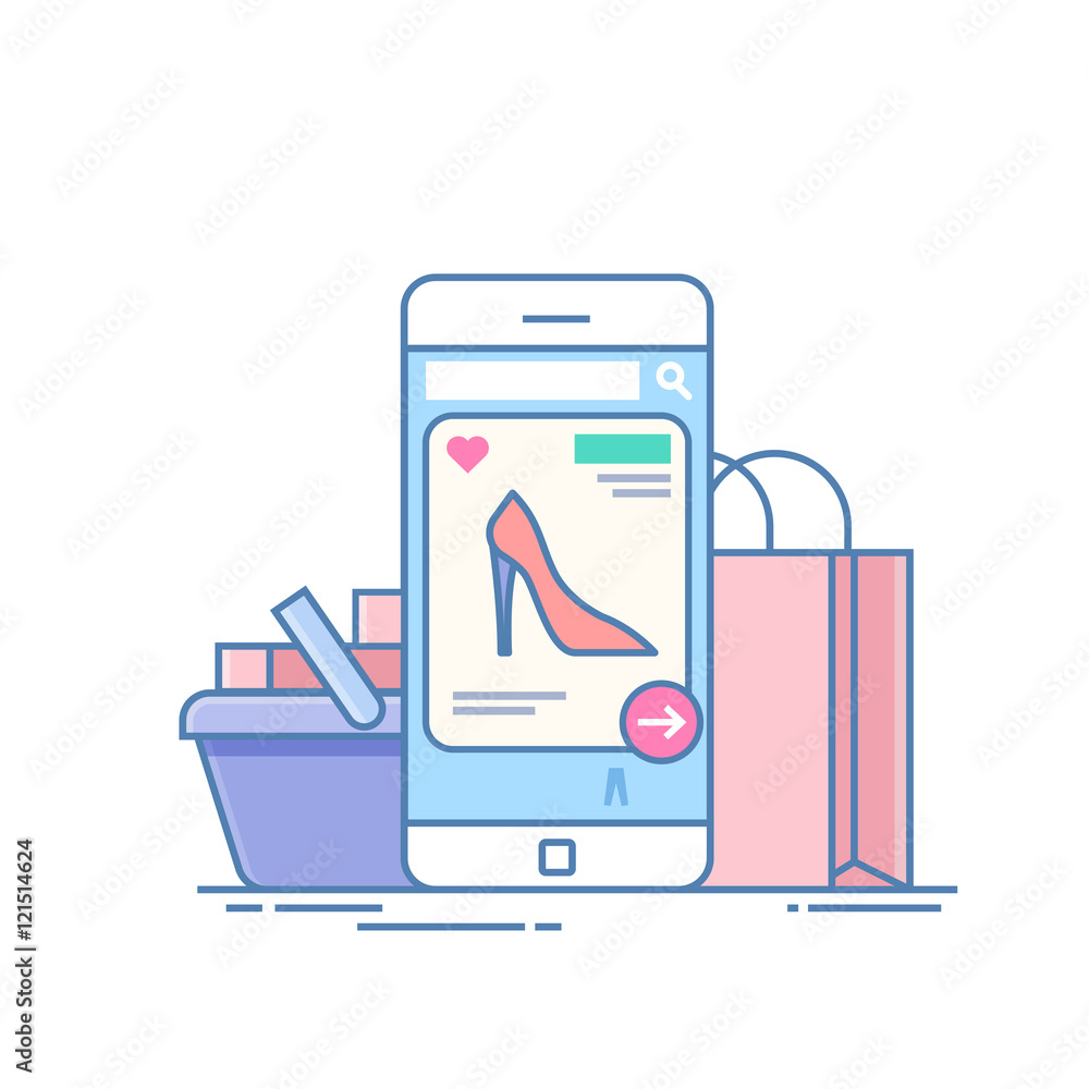 Poster online store. concept of purchase on the internet through the application on the phone. mobile devic