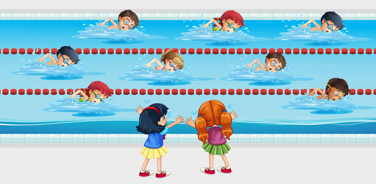 Kids practice swimming in the pool