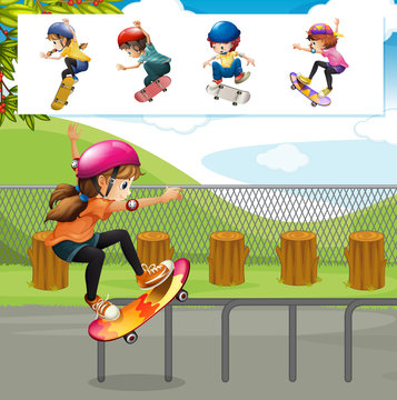 Kids playing skateboards in park