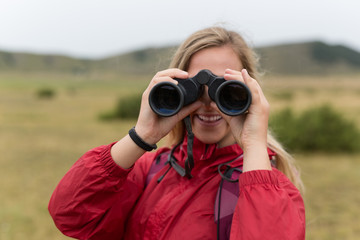Fototapeta premium woman tourist on a background of mountains