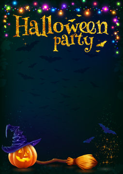 Halloween pumpkin and witchs broom on dark background with colorful lamps garland, vector party poster template.