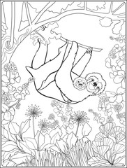 Coloring page with lovely sloth in forest. © Elen  Lane