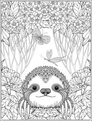 Coloring page with lovely sloth in forest. © Elen  Lane