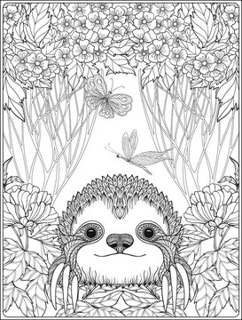 Coloring page with lovely sloth in forest.