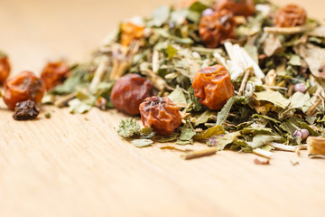 Pile of dry herb leaves and fruits