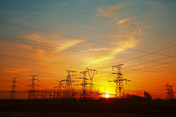 Wire electrical energy at sunset