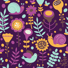 Seamless pattern made of flowers, birds, bees, snails and butterflies