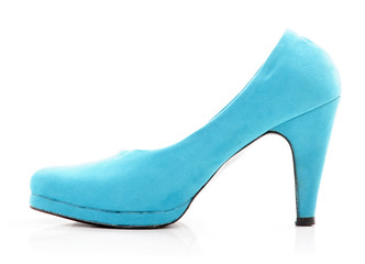 Female turquoise high-heeled shoes isolated on white background