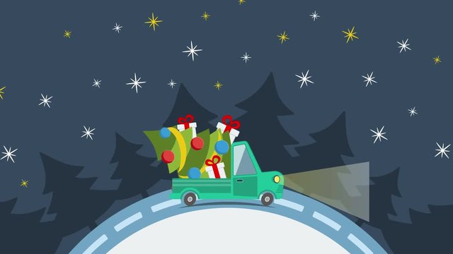 Delivery flat transport truck, van with gift box packs and christmas tree in xmas eve. Delivery service van. Happy new year. Product goods shipping transport 4K HD video flat footage