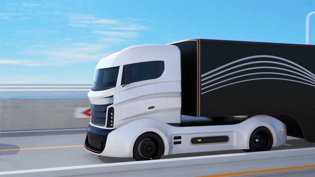 White truck passing a black SUV on the highway. 3D rendering animation.