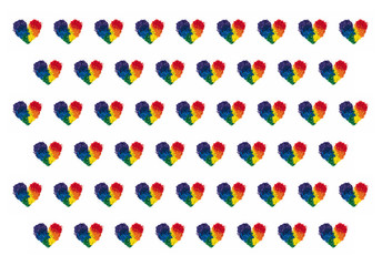 concept for LGBT and love, colored pencil lead in rainbow color heart shape, repeated as pattern on white background