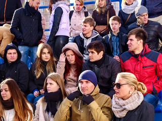 Disappointed fans on tribune. Loss of their favorite team. Sport fans Unhappy group people fans .