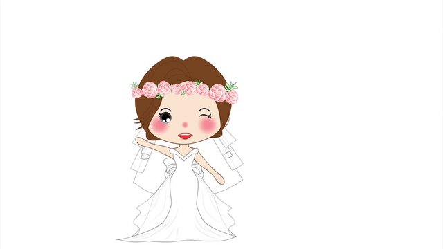 Girl Wedding. Cute Woman in Bride Dress. on a White Screen, animated woman.