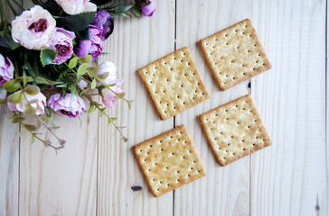 sugar crackers biscuit snack and on wood background