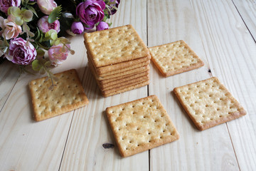 sugar crackers biscuit snack and on wood background