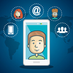 cartoon smartphone man internet connection world graphic vector illustration eps 10