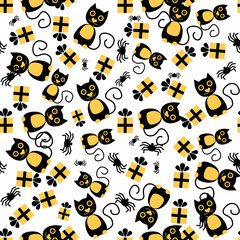 Seamless Pattern with Cat, Spider and Gift Box.