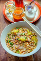 Noodles pork dumplings,spicy soup thai style