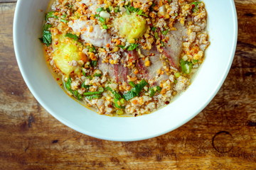 Noodles pork dumplings,spicy soup thai style