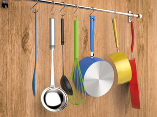 kitchen rack hanging with kitchen utensils