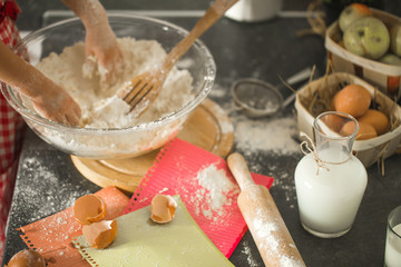 Baking ingredients on the kitchen table. Top view.