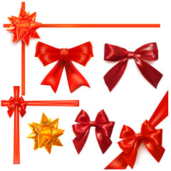 Set of red bows on white background. Vector set of colored silk