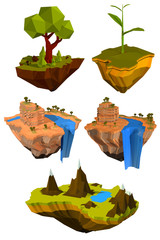 Vector set of colored flying islands with trees, mountains and w