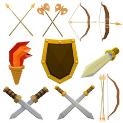 Colorful vector set of medieval weapons isolated on white backgr