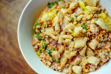 Noodles pork dumplings,spicy soup thai style