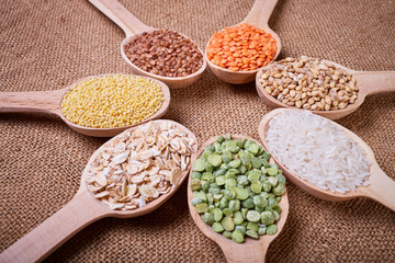 Assortment of cereals on the burlap