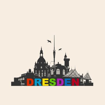 Wandtattoo Dresden Deutschland Skyline Silhouette Umriss Semperoper Zwinger Frauenkirche Fernsehturm Bogensch&uuml;tze Dampfer Fichteturm Blaues Wunder Br&uuml;cke Sachsen Sehensw&uuml;rdigkeiten Panorama