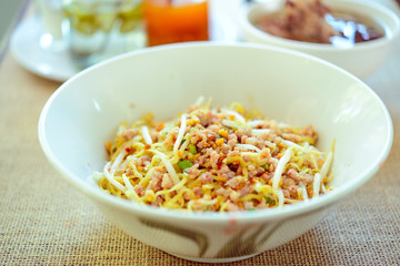 Noodles pork dumplings,spicy soup thai style