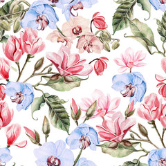 Obraz premium Beautiful watercolor pattern with flowers orchid, magnolia and rose. illustrations