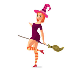 Beautiful girl witch in purple dress sitting on a broom. Vector