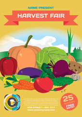 Fall harvest fair template poster. Autumn food festival. Vegetab