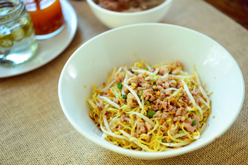 Noodles pork dumplings,spicy soup thai style