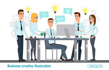 Business professional work team. Meeting, office, teamwork, planning, conference, office desk, brainstorming, conceptual. Vector creative illustrations flat design. Worker people Man and Women