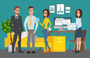 Business professional work team. Shared working environment. People talking and working at the computers in the open space office. Vector creative illustrations flat design. Man and Women