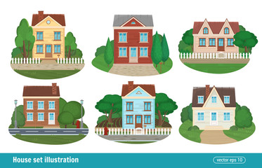 Set cottage and residential houses real estate building town house icons isolated of detailed colorful modern buildings. Vector illustration flat style
