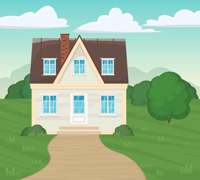 Suburban residential facade house illustration of a cartoon family Modern home in spring or summer season. Green landscape. isolated building