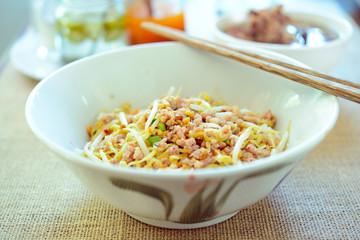 Noodles pork dumplings,spicy soup thai style