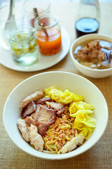 Noodles pork dumplings,spicy soup thai style