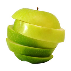 slide green apple to step slice white isolate background